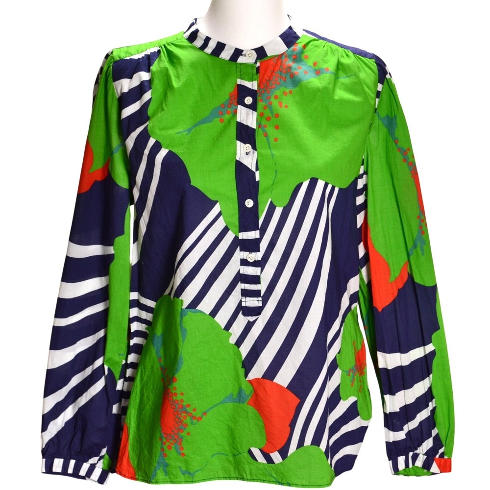 J.Crew Floral Stripe Henley Blouse Womens 8 Green Navy Excellent Cotton Top